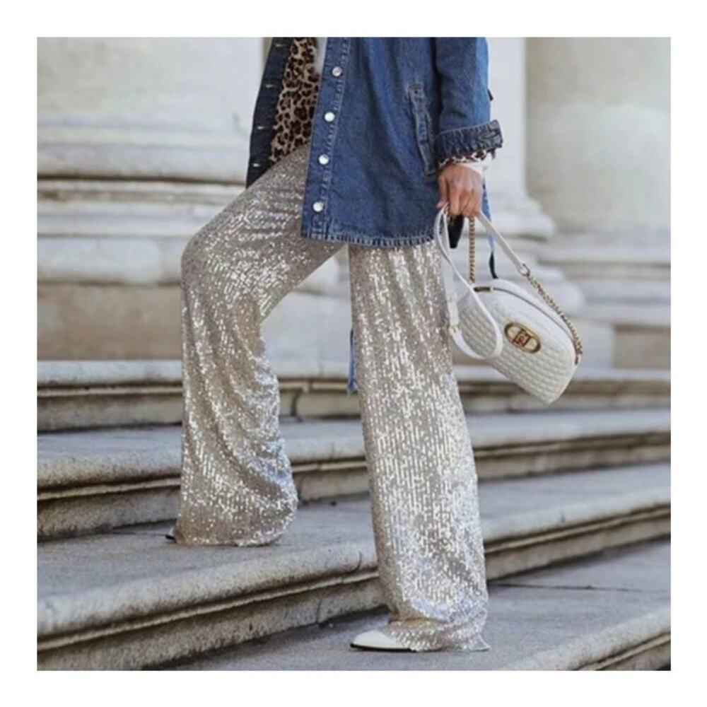 NWT Aakaa Women's Silver Sequin Lined Wide Leg Pants L Glam Holiday Party Disco - Picture 7 of 9